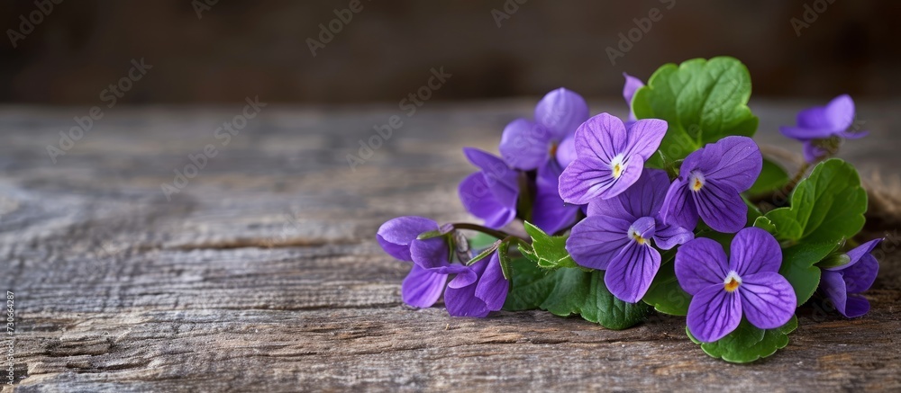 Small bundle of violets sits on wooden table. Small bundle of violets sits on wooden table.