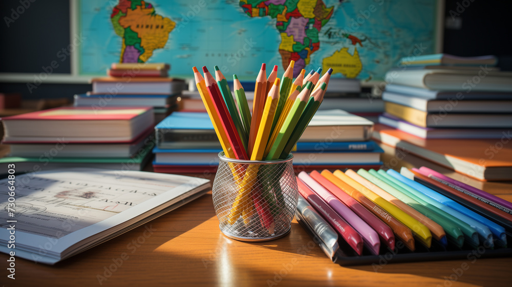 Different colored school equipment on the table in a classroom, concept of education and knowledge Different colored school equipment on the table in a classroom, concept of education and knowledge
