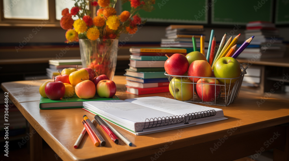 Different colored school equipment on the table in a classroom, concept of education and knowledge Different colored school equipment on the table in a classroom, concept of education and knowledge