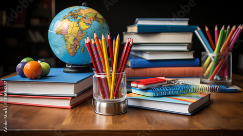 Different colored school equipment on the table in a classroom, concept of education and knowledge