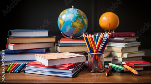Different colored school equipment on the table in a classroom, concept of education and knowledge