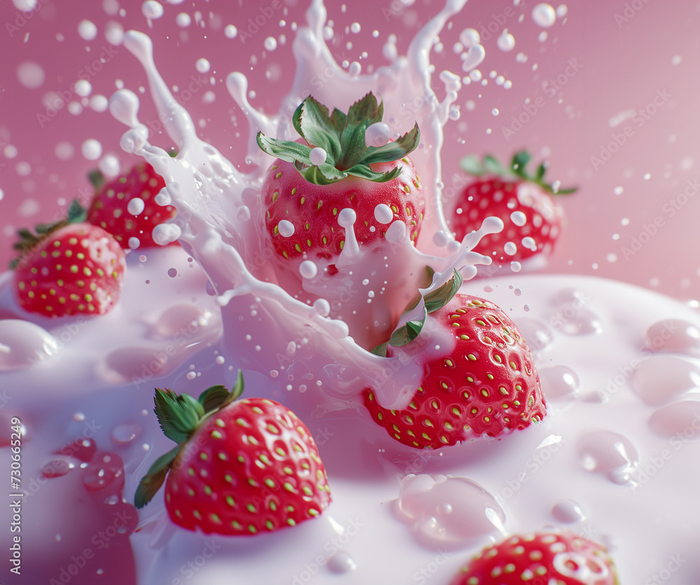 White milk splash and strawbery close up, drink concept, package, food, Generative AI White milk splash and strawbery close up, drink concept, package, food, Generative AI