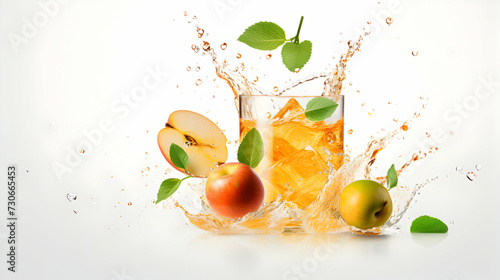 Ripe apple and mint chunks splashing into glass of water  isolated on white background with copy space. 