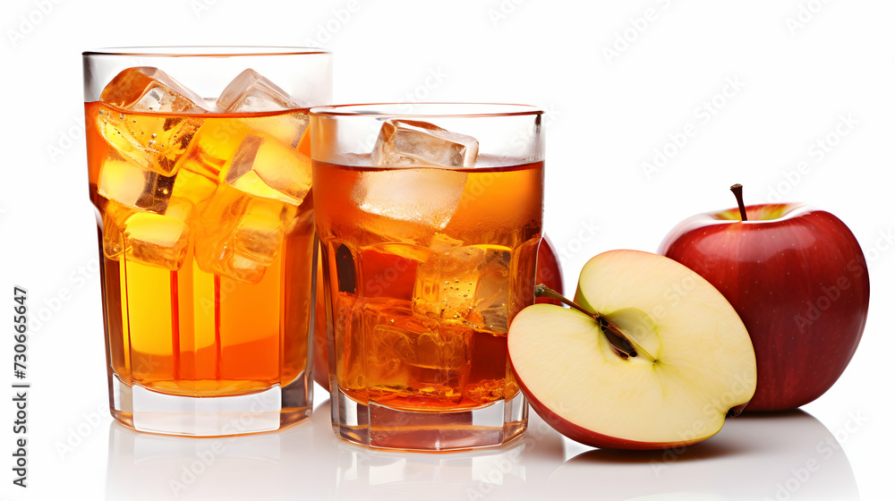 Apple Juice in Glass with Ice Cubes and Fruit Slices, Isolated on White. Apple Juice in Glass with Ice Cubes and Fruit Slices, Isolated on White.