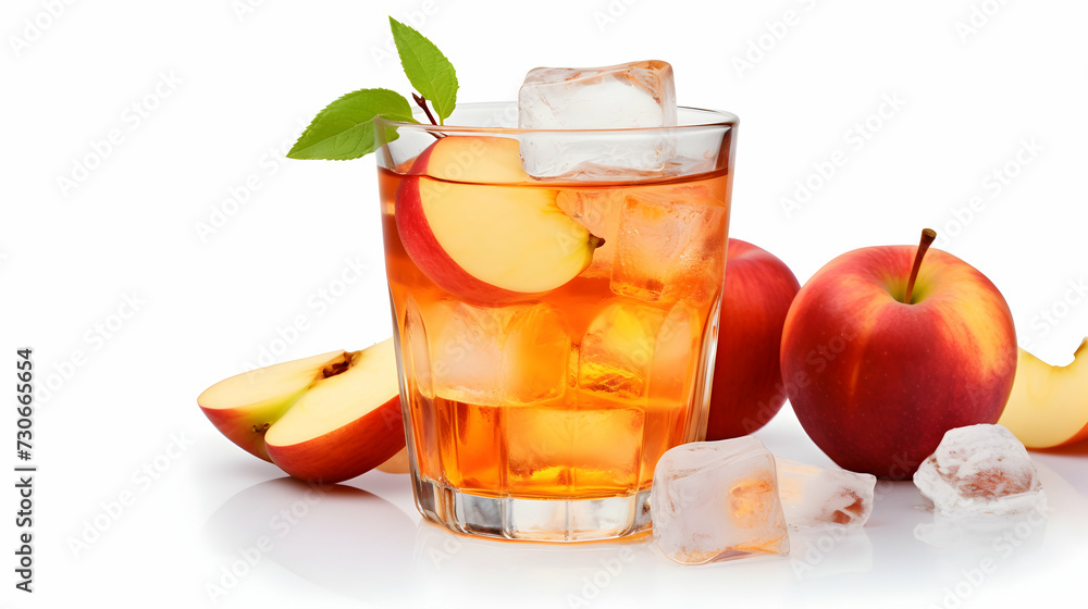 vibrant colors of apple juice surrounded by ice cubes and slices of fresh fruit, beautifully showcased on a clean white backdrop.