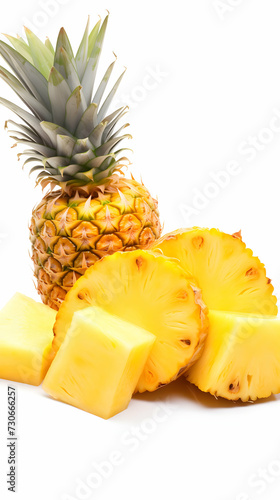 Delicious Pineapple Juice in Glass with Fresh Fruit Slices Isolated on White.