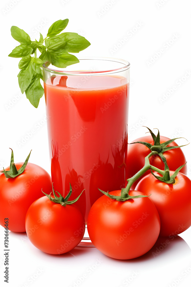 Tomato Juice in Glass and Raw Tomatoes Isolated on White Background. Tomato Juice in Glass and Raw Tomatoes Isolated on White Background.