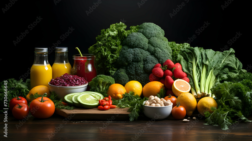 Vege menu. Set of colorful vegetables and juices in bottles on a dark background. Seasonal harvest of ripe raw crops. Healthy heart and body. Vege menu. Set of colorful vegetables and juices in bottles on a dark background. Seasonal harvest of ripe raw crops. Healthy heart and body.