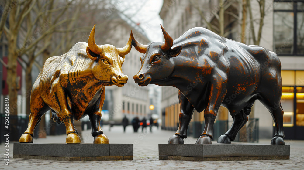 Two bull statues in big city. Concept for bullish financial market. - obrazy, fototapety, plakaty 