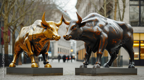 Two bull statues in big city. Concept for bullish financial market. photo