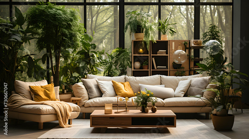 Living room with a large sofa in a conservatory full of green plants. Spacious room with large windows.