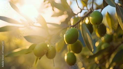 Ripe Olives on the tree branch, sunset light. The sun rays twinkle in the garden with an olive tree