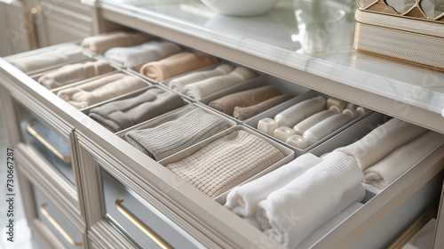 Neatly organized drawer of kids and baby clothes and wash cloths.  © Jammy Jean