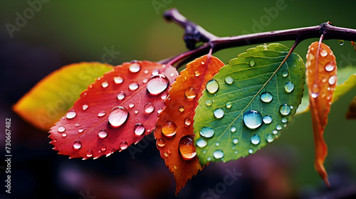 Beautiful Raindrops Adorning Colorful Leaves, Capturing the Essence of Spring and Autumn - Ideal for Fall Wallpaper or Background.