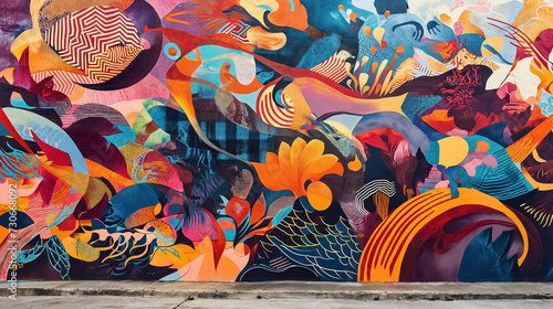 Vibrant street mural with swirling abstract forms. photo