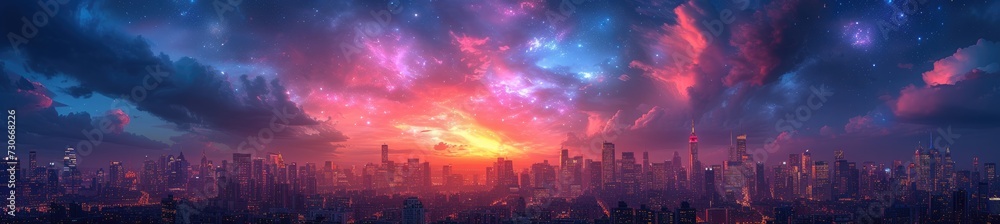 Obraz premium A cosmic cityscape shrouded in the glow of ethereal nebulae, where futuristic skyscrapers touch the stars 