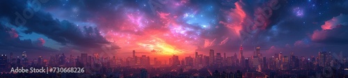 A cosmic cityscape shrouded in the glow of ethereal nebulae, where futuristic skyscrapers touch the stars  © Tungbackground