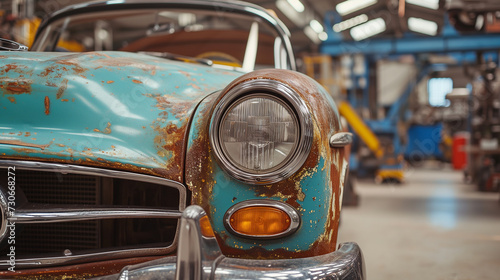 Old, worn out and rusty classic car inside a garage. Ready to under go a restoration. © Jammy Jean