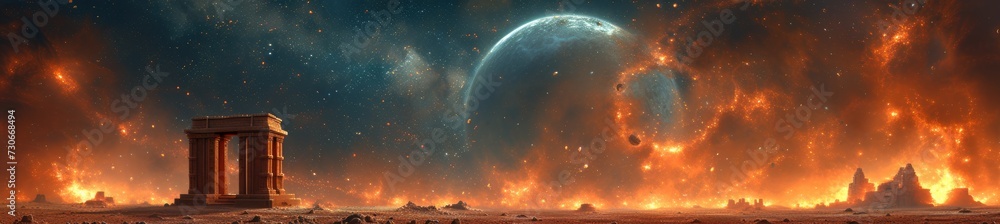 Obraz premium An ancient temple stands resilient against the backdrop of surreal planets and vivid celestial storms