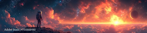 A space explorer surveys a breathtaking asteroid belt, framed by radiant hues of interstellar clouds
