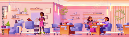 Hair salon interior with haircut and manicure areas. Cartoon vector illustration of female stylist shears kid girl, manicurist makes professional nail care inside beauty bar. People in parlor studio.