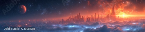 A cosmic cityscape shrouded in the glow of ethereal nebulae, where futuristic skyscrapers touch the stars