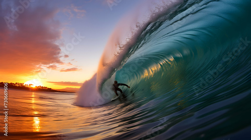 Vibrant Ocean Wave Curling at Sunrise or Sunset, Surfing Time, Surfer