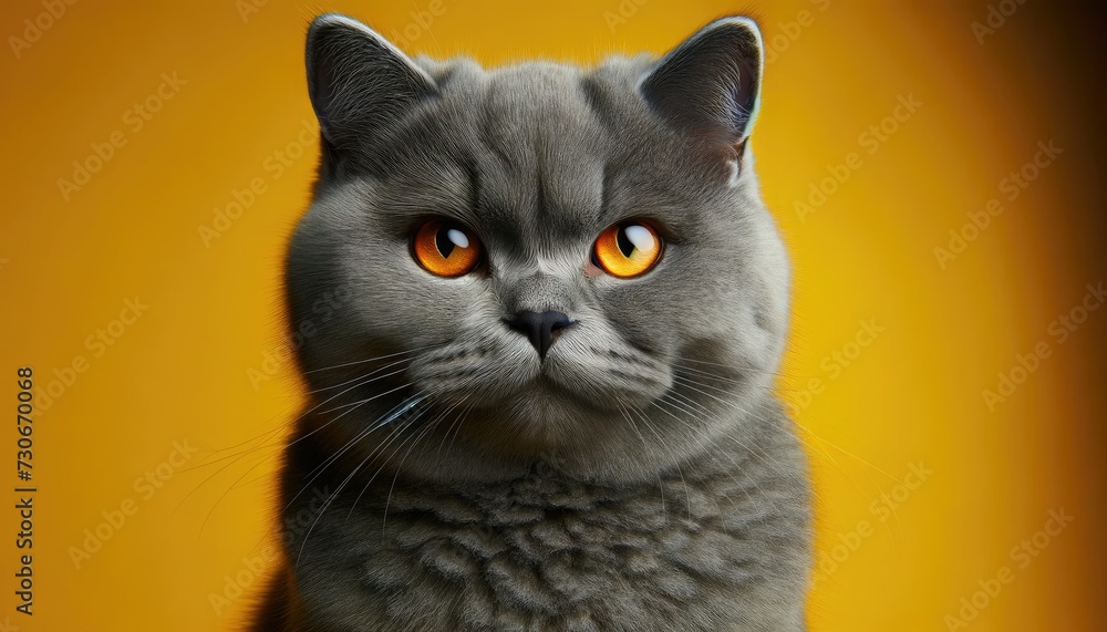Portrait of a gray British Shorthair cat with striking orange eyes against a vibrant yellow background.