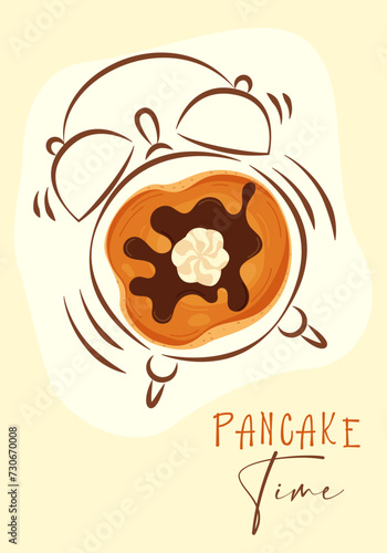 Vector illustration of a ringing alarm clock with pancake. Pancake time. Get up. Breakfast time. Postcard, banner, image for printing.