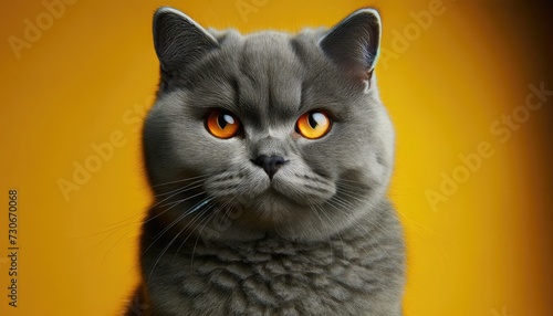 Portrait of a gray British Shorthair cat with striking orange eyes against a vibrant yellow background. © Preyanuch