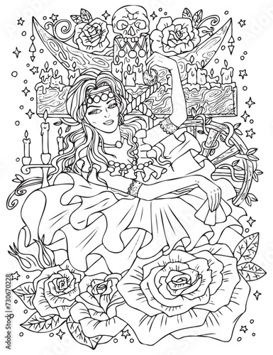 Fantasy engraved illustration with beautiful gypsy woman as witch or magician for coloring page. Hand drawn graphic line art with ethnic concept as tattoo, poster or card.