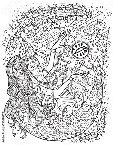 Fantasy engraved illustration with beautiful arabian woman as witch or magician for coloring page. Hand drawn graphic line art with ethnic concept as tattoo, poster or card.