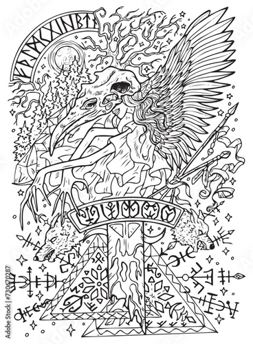 Fantasy engraved illustration with beautiful scandinavian woman as witch or magician for coloring page. Hand drawn graphic line art with ethnic concept as tattoo, poster or card.