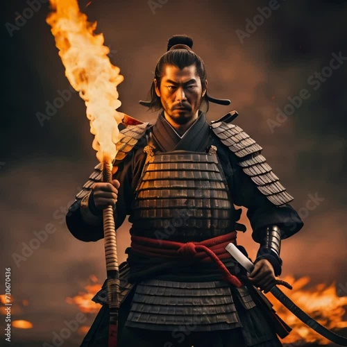 samurai holding sword on fire,generative ai photo