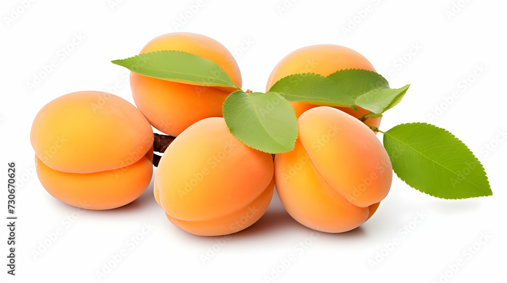 Apricot with leaves on white background, isolated, ripe harvest Apricot with leaves on white background, isolated, ripe harvest
