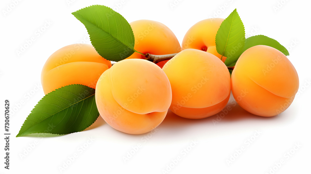Apricot with leaves on white background, isolated, ripe harvest Apricot with leaves on white background, isolated, ripe harvest
