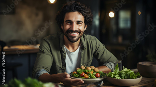 Man graciously holds a bowl of nutritious salad, embodying an emblem of healthy living and nourishing wellness. His joyful expression mirrors his dedication to a wholesome lifestyle. 