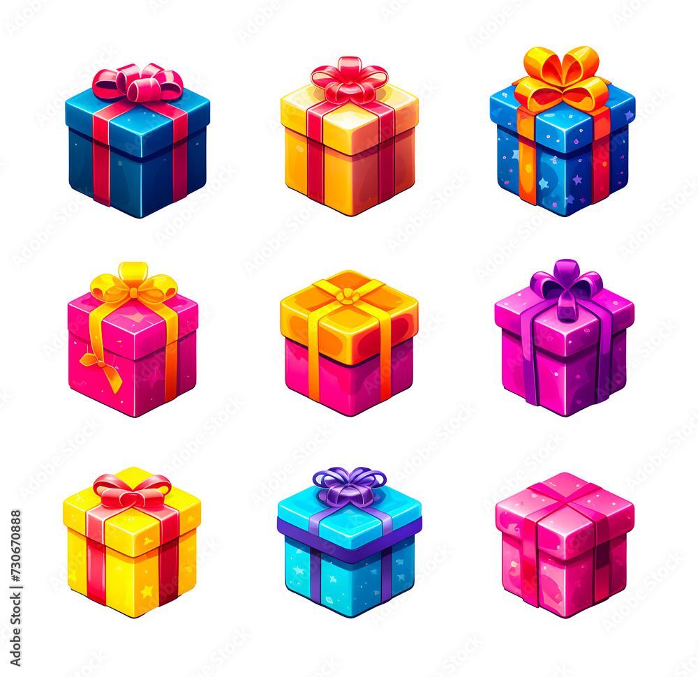 Set of colorful gift boxes with ribbons and bows isolated on white background. Vector illustration Set of colorful gift boxes with ribbons and bows isolated on white background. Vector illustration