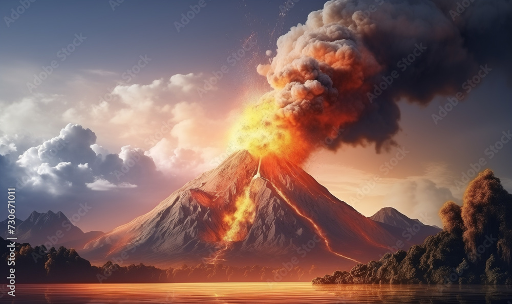 Powerful daytime volcano eruption. Big explosion.