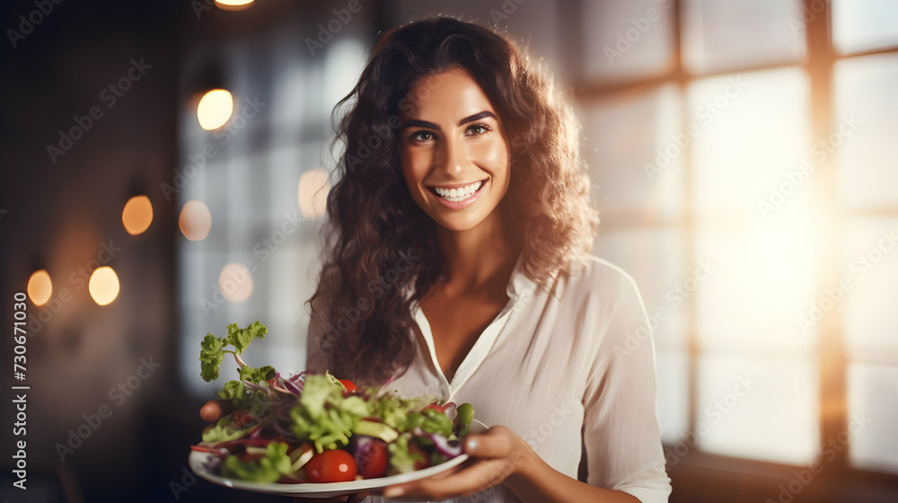Energetic Woman Holding Bowl of Vibrant Greens, Illustrating Dedication to Fitness Journey.