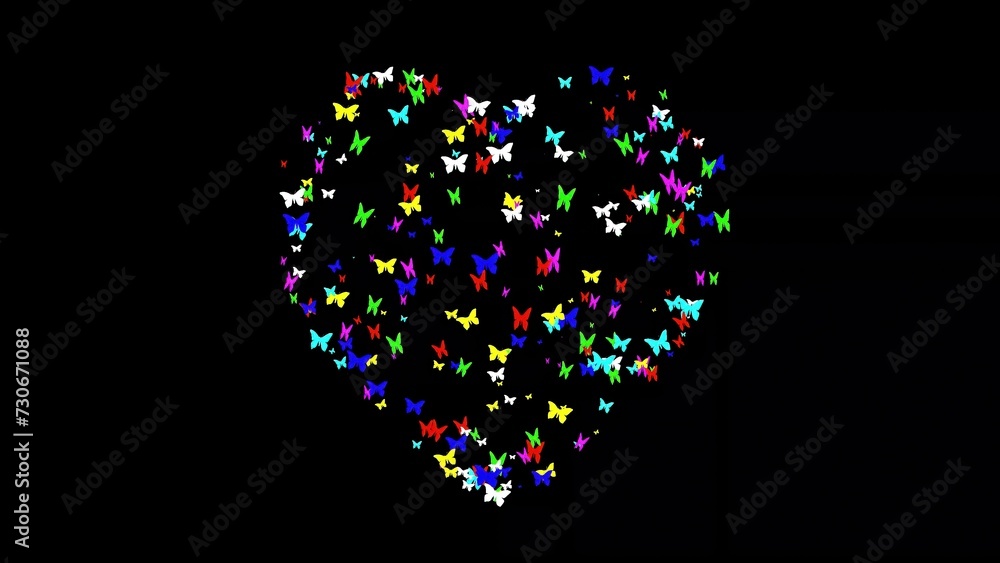 Beautiful illustration of heart shape with colorful butterflies on plain black background