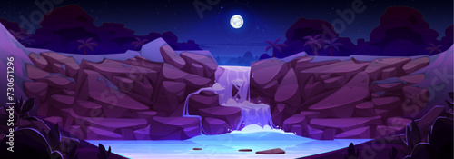 Night tropical landscape with cascade waterfall in jungle under starry sky and full moon light. Cartoon vector dark scenery with river water fountain flowing on rock cliff with palm trees on shore.