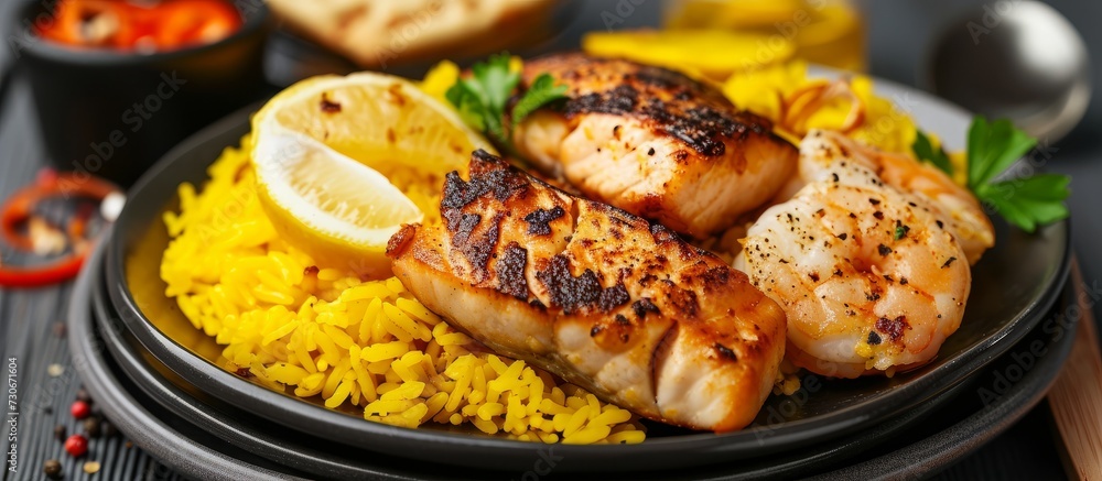 Fish and crackers accompanied by yellow rice. Fish and crackers accompanied by yellow rice.