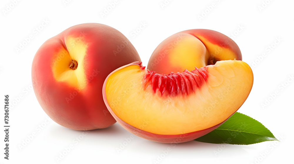 fresh peach fruit and half on isolated white background fresh peach fruit and half on isolated white background