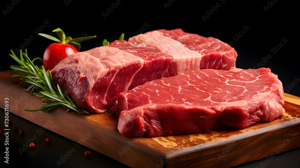Juicy beef steak on cutting board in close-up shot, against black background. Butcher's selection concept.