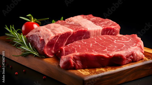Juicy beef steak on cutting board in close-up shot, against black background. Butcher's selection concept.