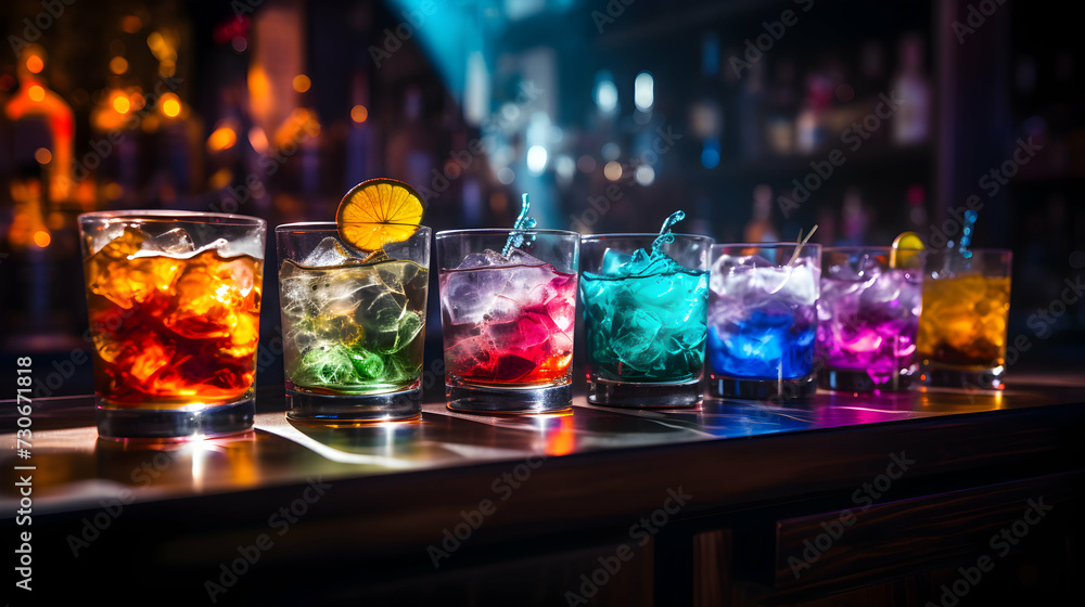 Bright electric libations displayed on bar with blurry shelves of spirits in background.