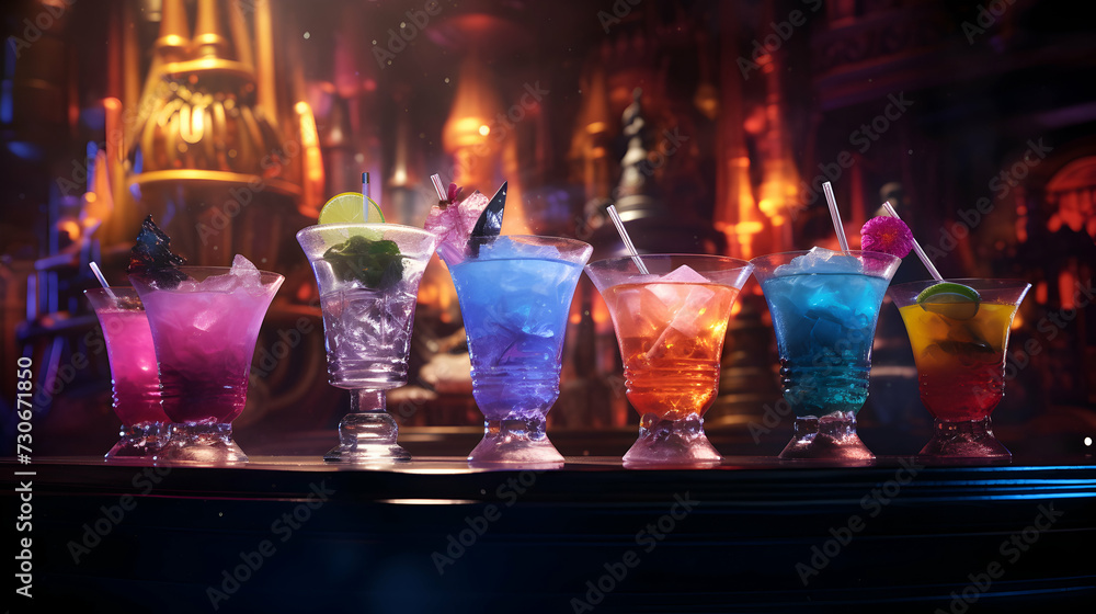 Colorful neon cocktails arranged on bar counter with blurred backlit liquor shelves in background.