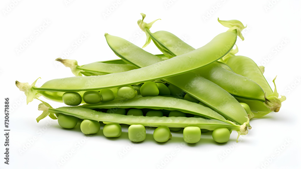Macro View of Rain-Kissed Peas with Exposed Seeds - Isolated on White Background. Fresh Harvest Concept. Macro View of Rain-Kissed Peas with Exposed Seeds - Isolated on White Background. Fresh Harvest Concept.