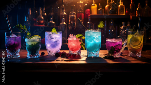 Radiant refreshments with colorful drinks on bar, softly blurred liquor shelves behind.